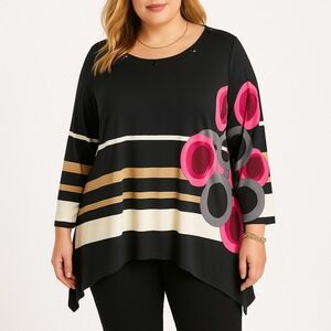 ISABEL Women XL Black Pink Gray Stripes Geometric Print Tunic Top Retro Pop Art‎